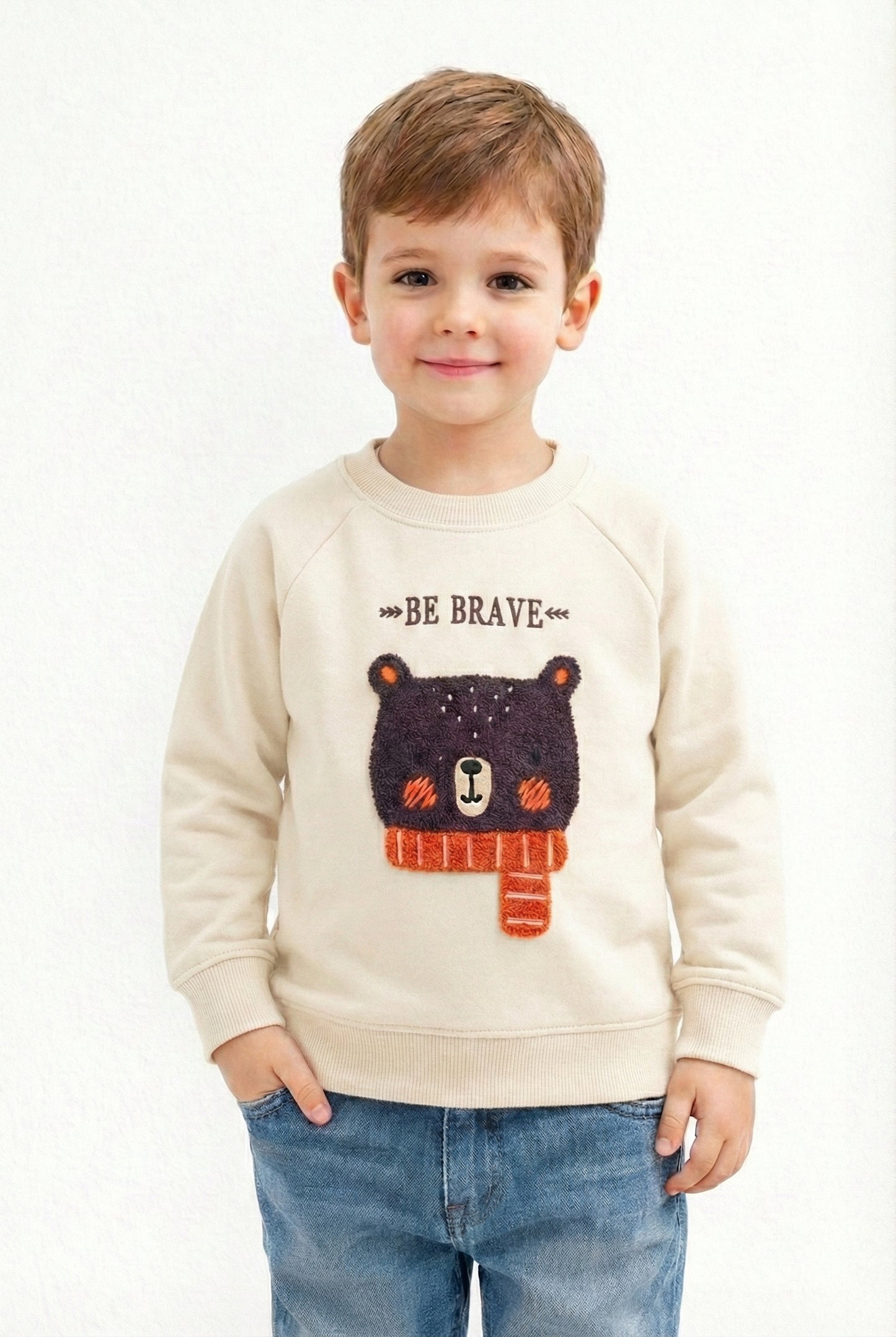 Kids “Be Brave” Embroidered Bear Fleece Sweatshirt