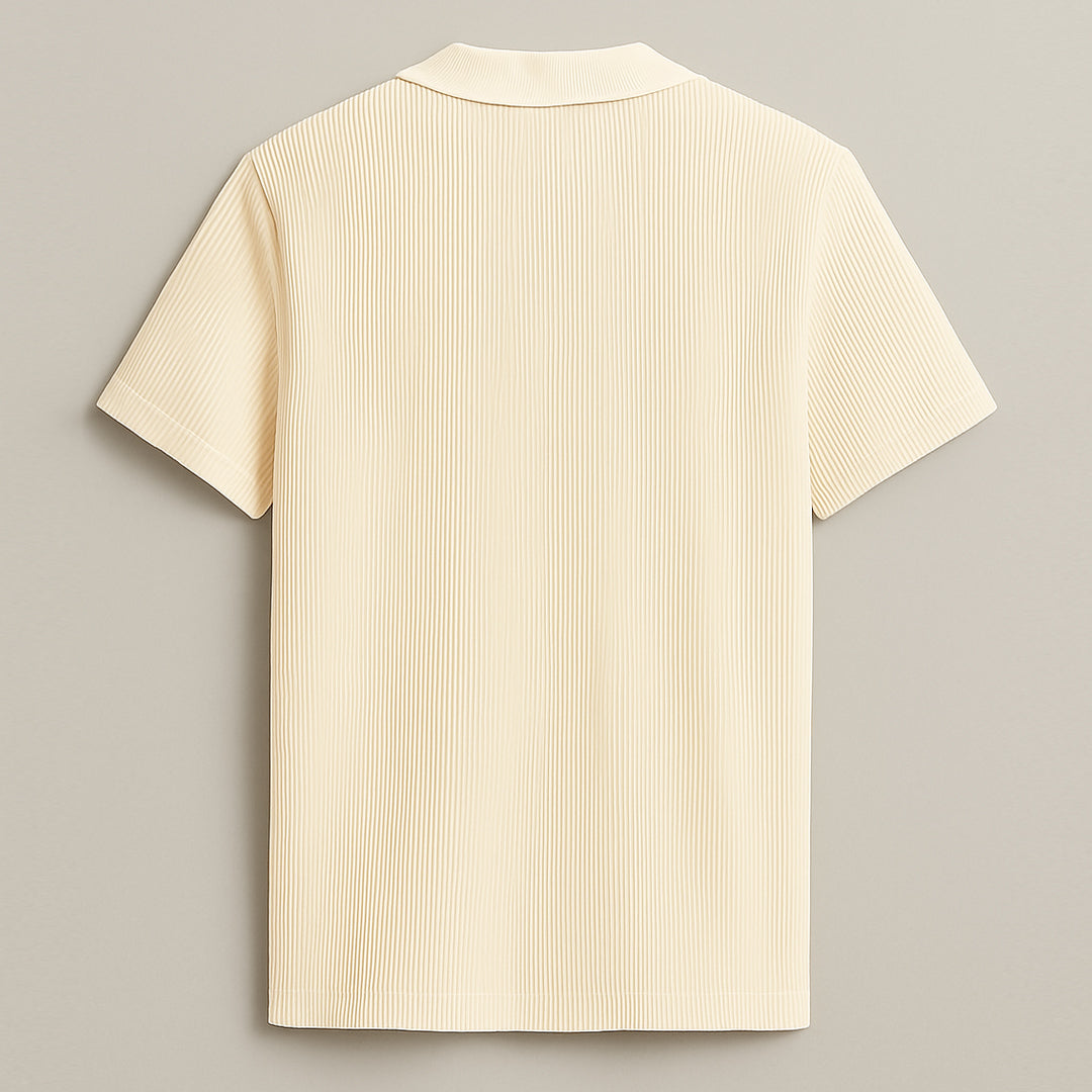 Back view of a cream ribbed short sleeve polo shirt with subtle textured stripes