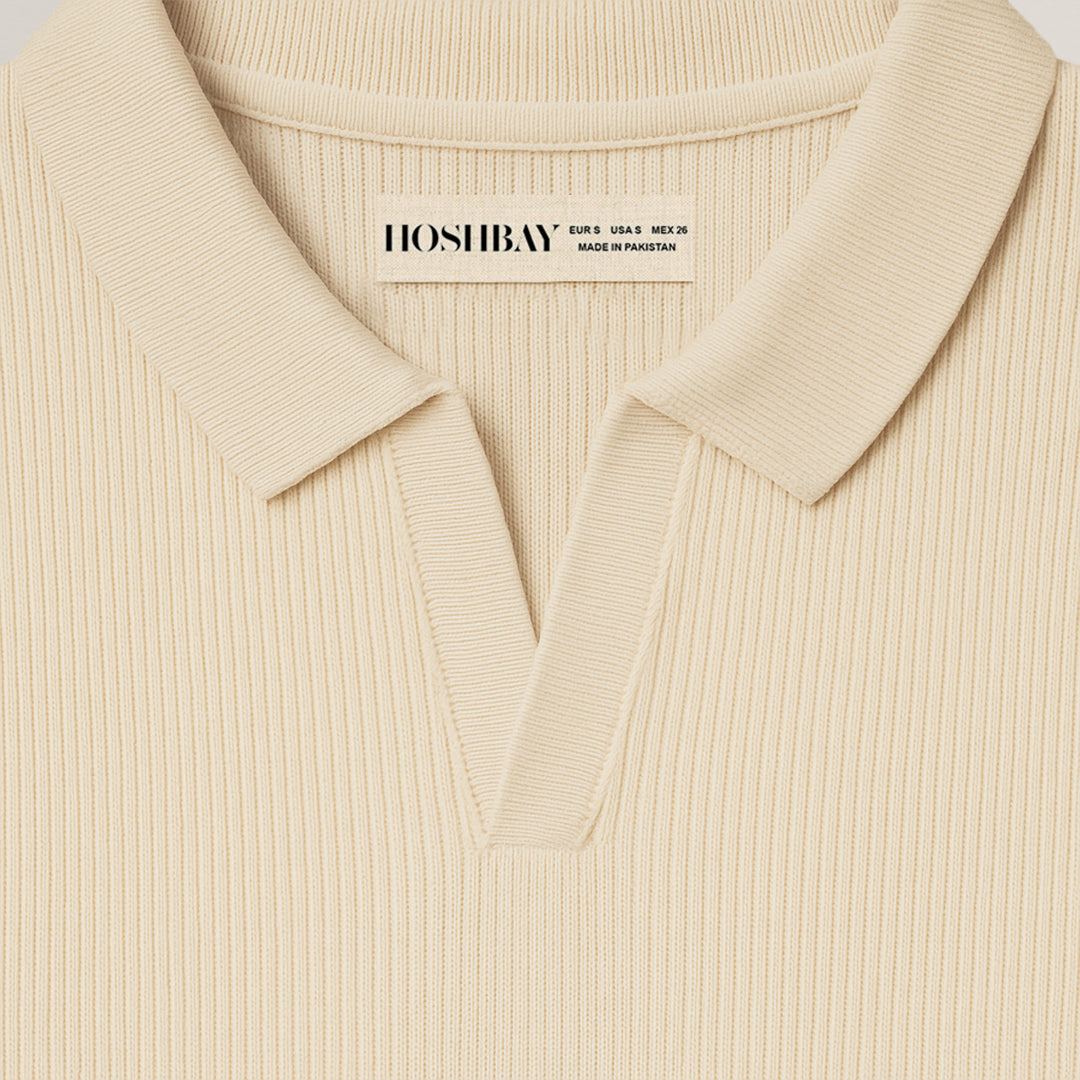Beige ribbed knit polo shirt with collar and v-neck, modern minimalist design