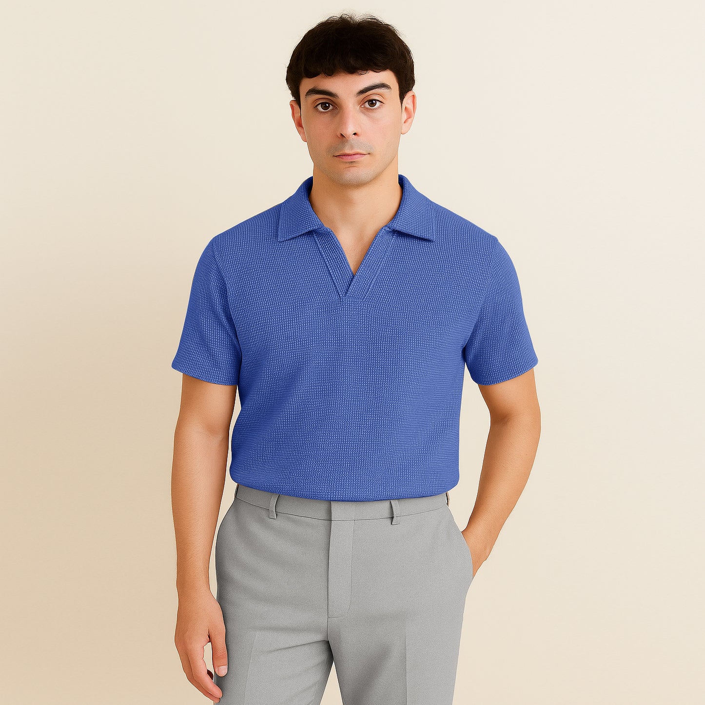 Man wearing a textured azure blue short sleeve polo shirt and light grey pants