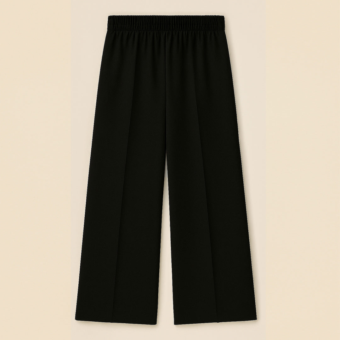 Black wide-leg trousers with elastic waistband, modern straight fit, women's fashion pants
