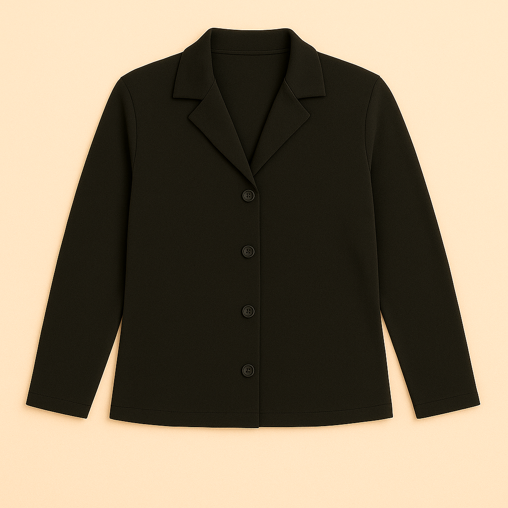 Black button-up blazer with notched lapel collar, long sleeves, laid flat on beige background