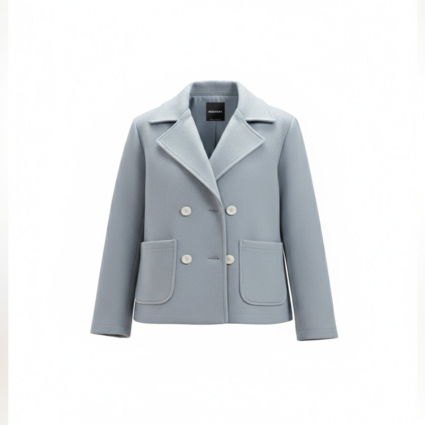 Light blue women's double-breasted coat with large lapels and front pockets