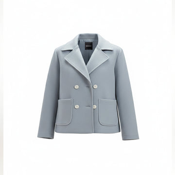 Light blue women's double-breasted coat with large lapels and front pockets