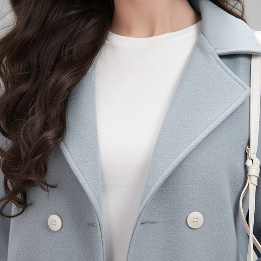 Woman wearing light blue double-breasted coat with white buttons and white top