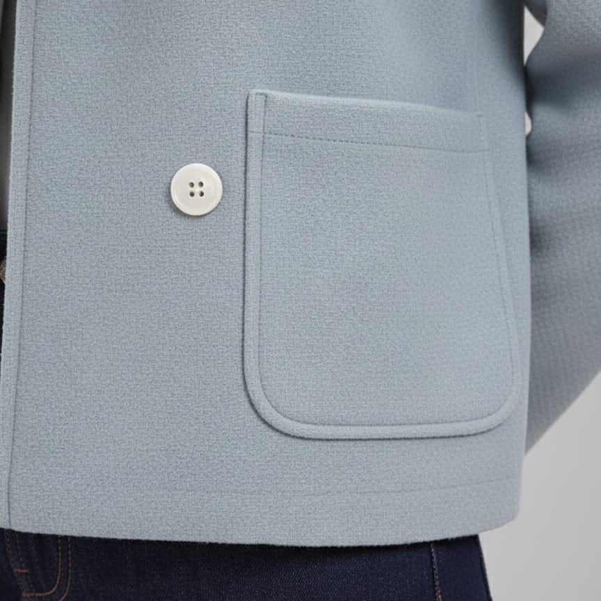 Close-up of light blue women's coat with large front pocket and white button detail