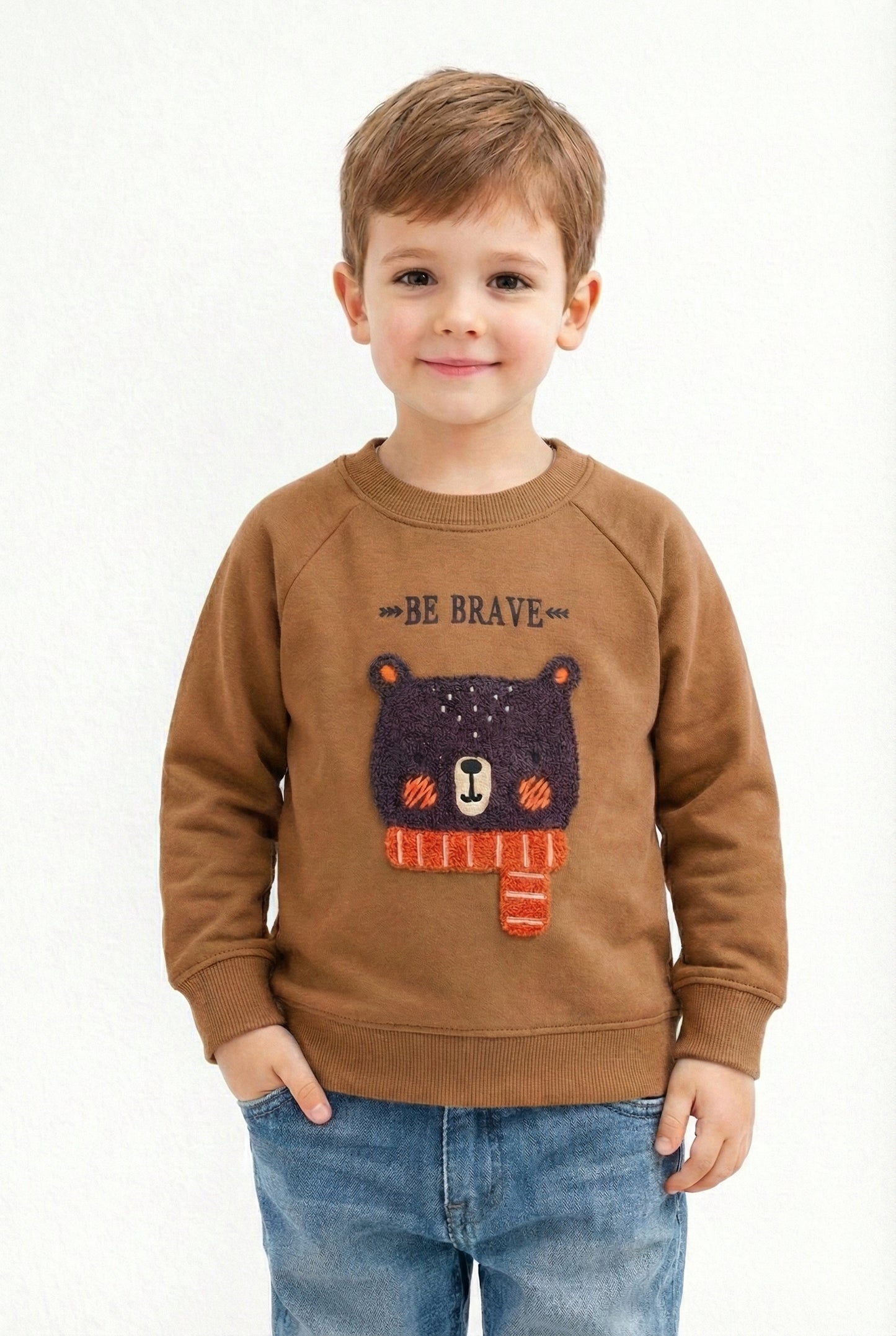 Kids “Be Brave” Embroidered Bear Fleece Sweatshirt