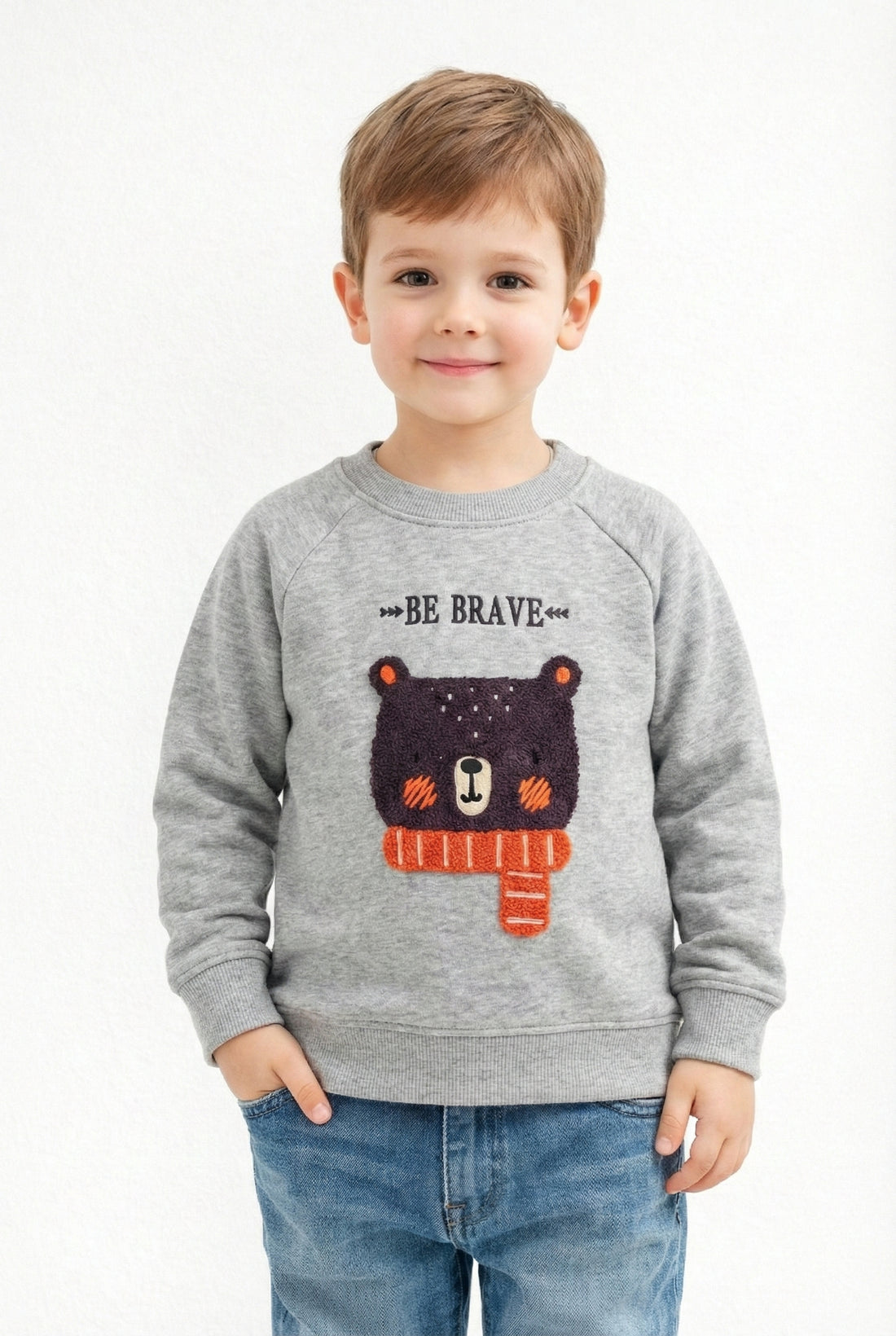 Kids “Be Brave” Embroidered Bear Fleece Sweatshirt