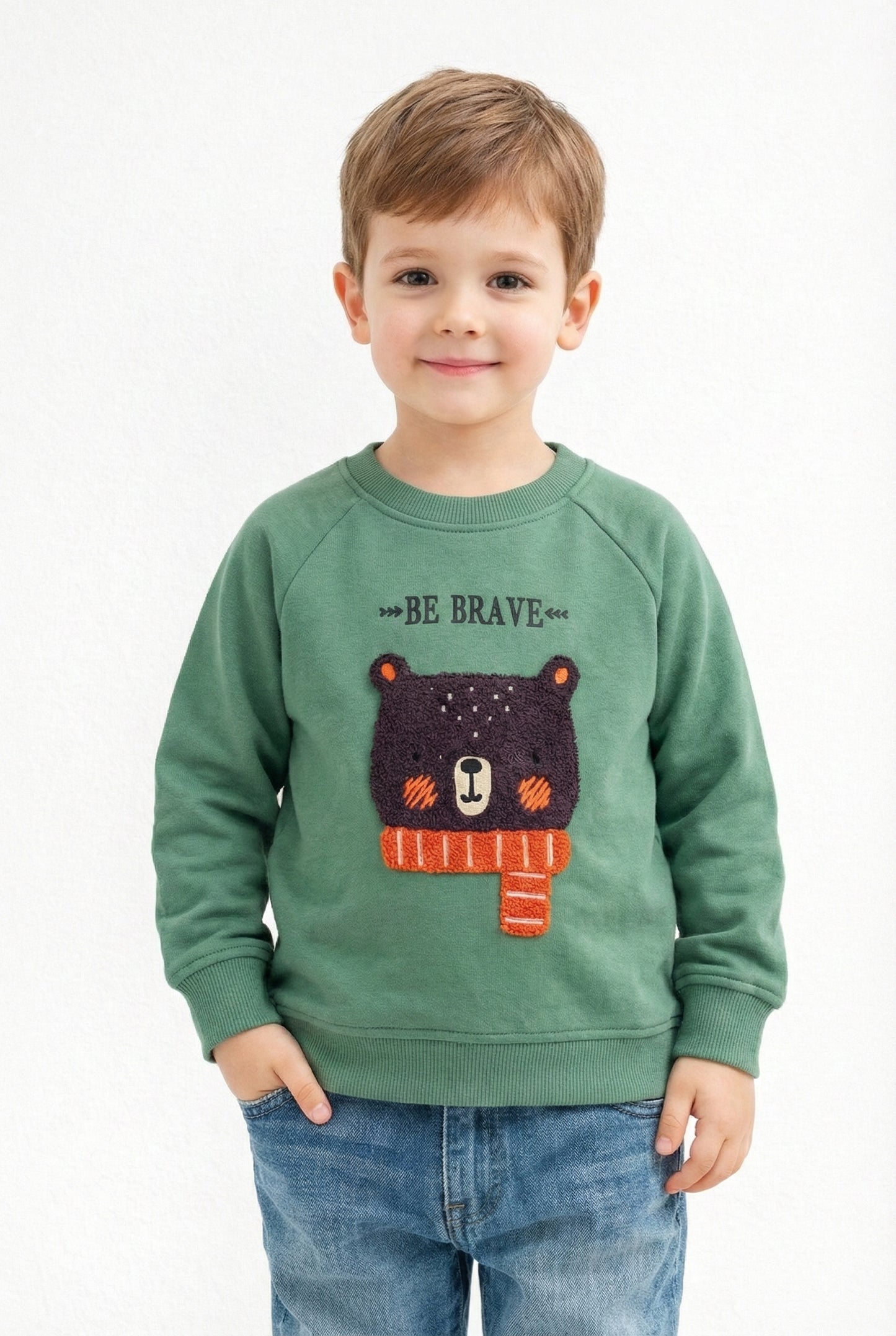 Kids “Be Brave” Embroidered Bear Fleece Sweatshirt