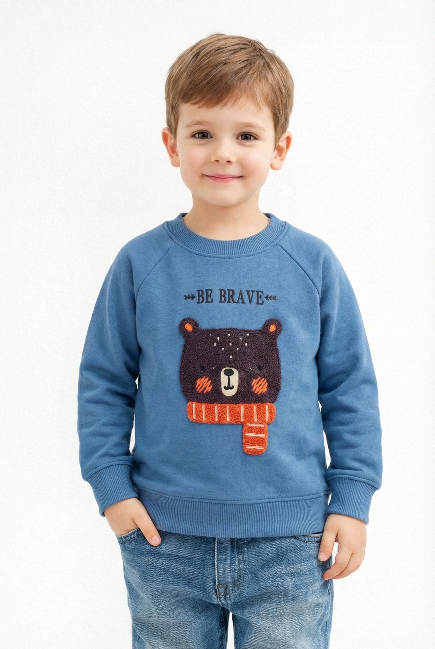Kids “Be Brave” Embroidered Bear Fleece Sweatshirt