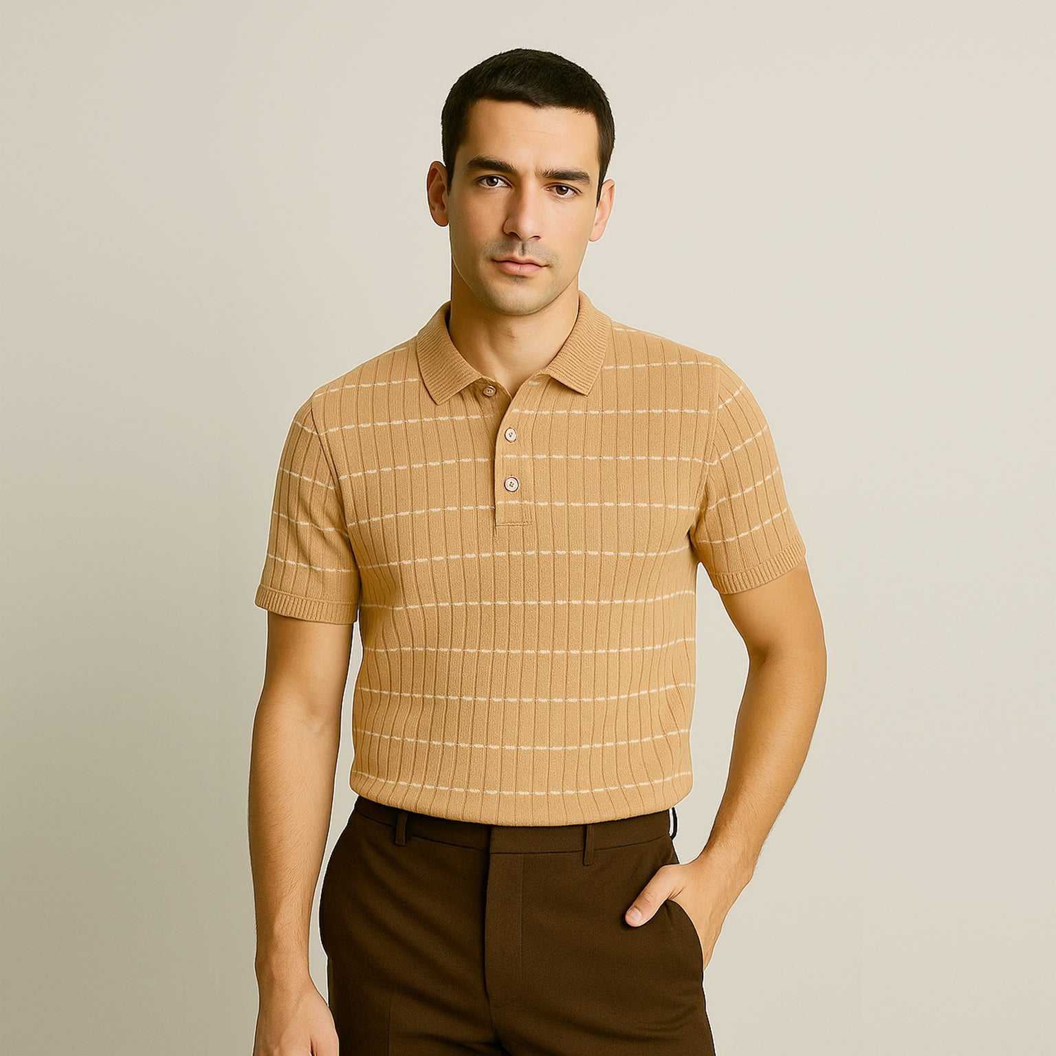 Man wearing a beige check-patterned knitted polo shirt and brown pants, neutral background