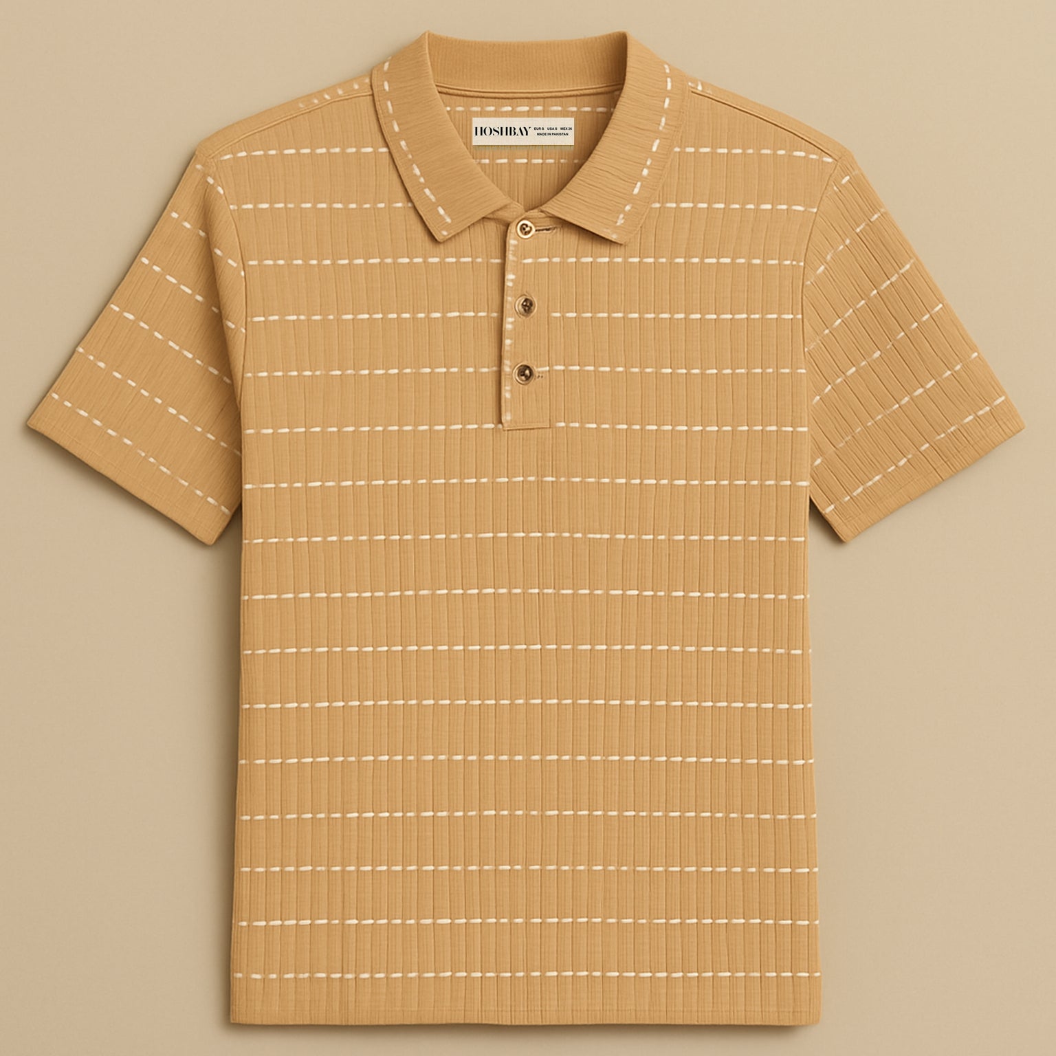 Men's beige polo shirt with white horizontal stripes and button placket on plain background