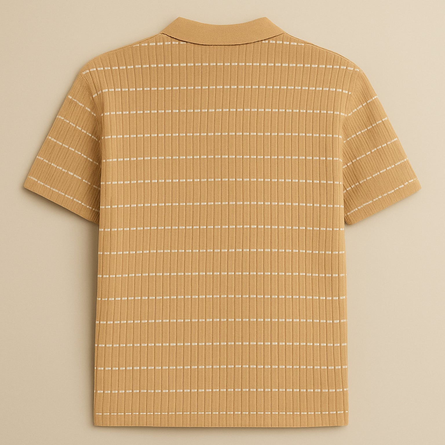 Men's beige short sleeve polo shirt with white grid pattern on beige background
