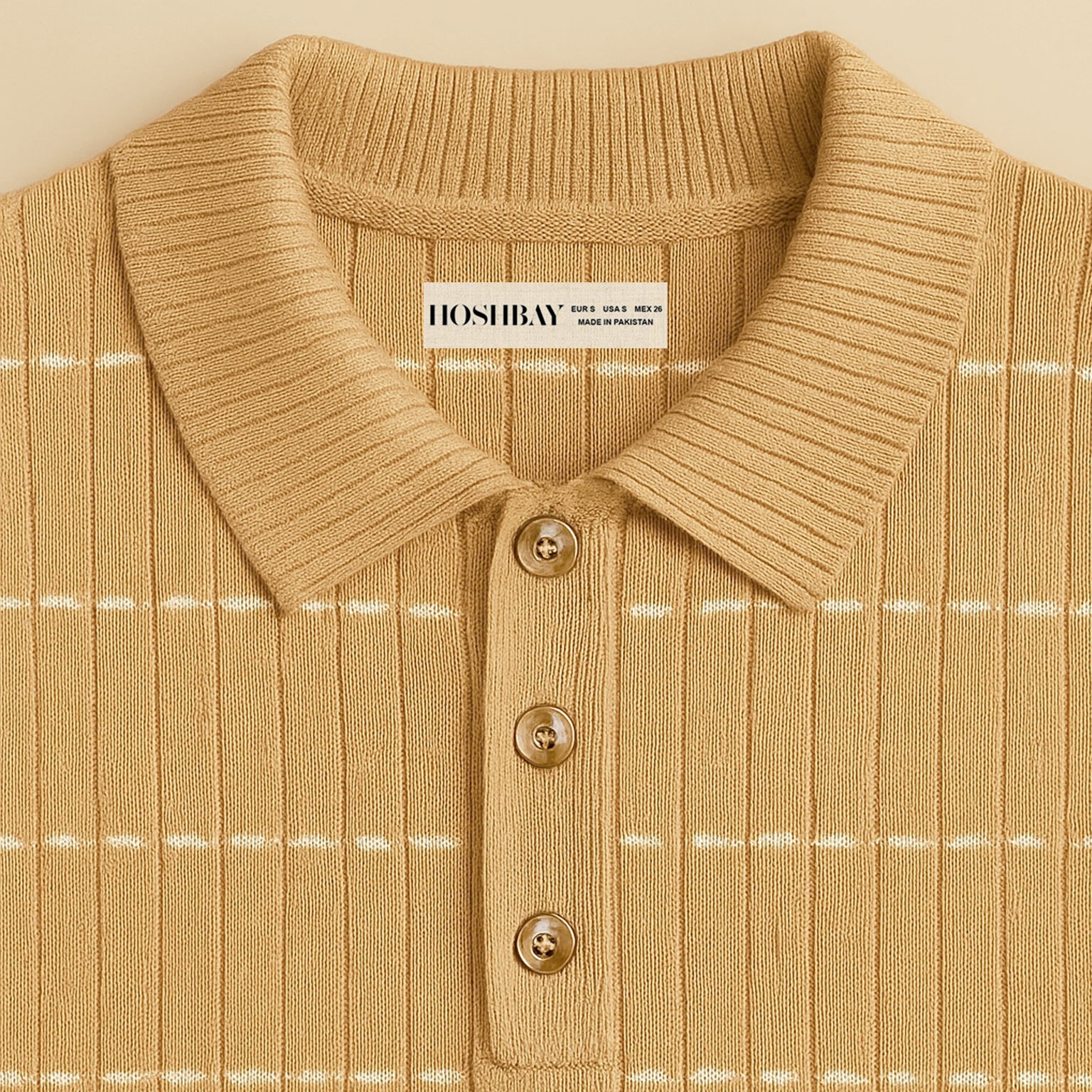 Beige ribbed knit polo shirt with buttons, collar, and subtle white stripes, men's fashion