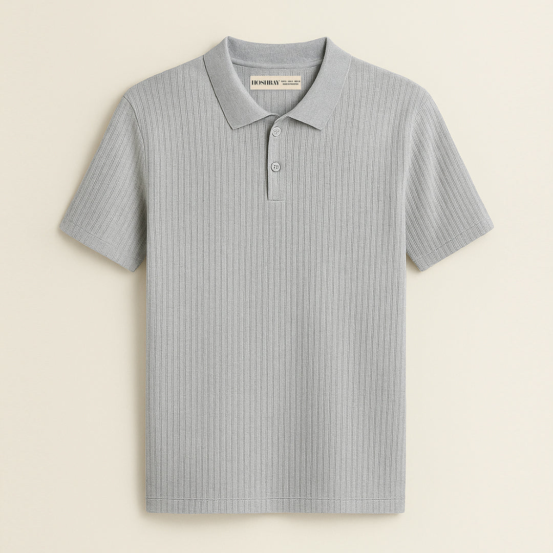 Light grey ribbed short sleeve polo shirt with button placket, minimalist design