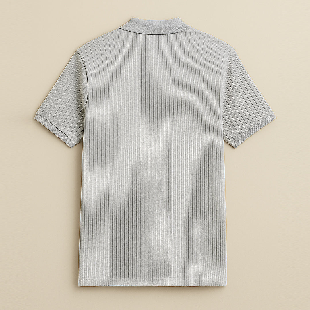 Back view of a light grey ribbed short sleeve polo shirt on a beige background