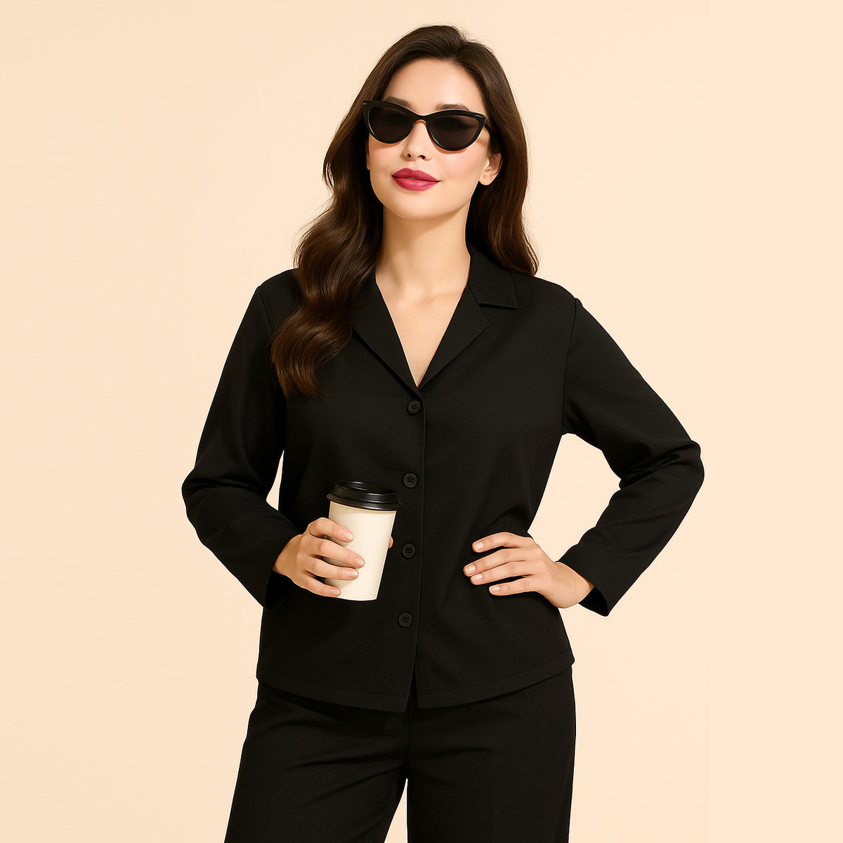 Woman in black button-up suit with sunglasses holding coffee cup, modern fashion