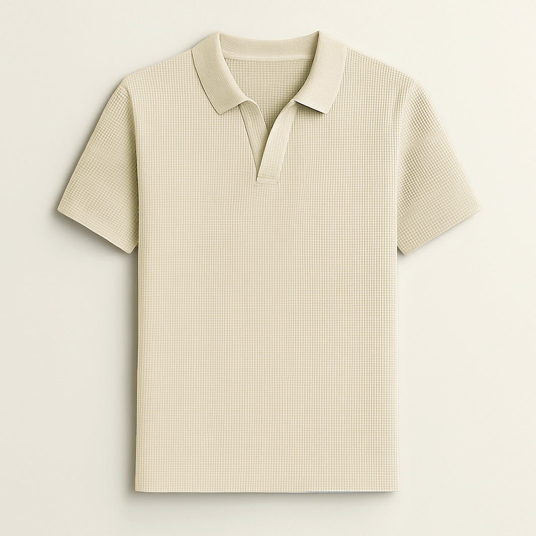 Ivory textured short sleeve polo shirt with collar for men, laid flat on neutral background.