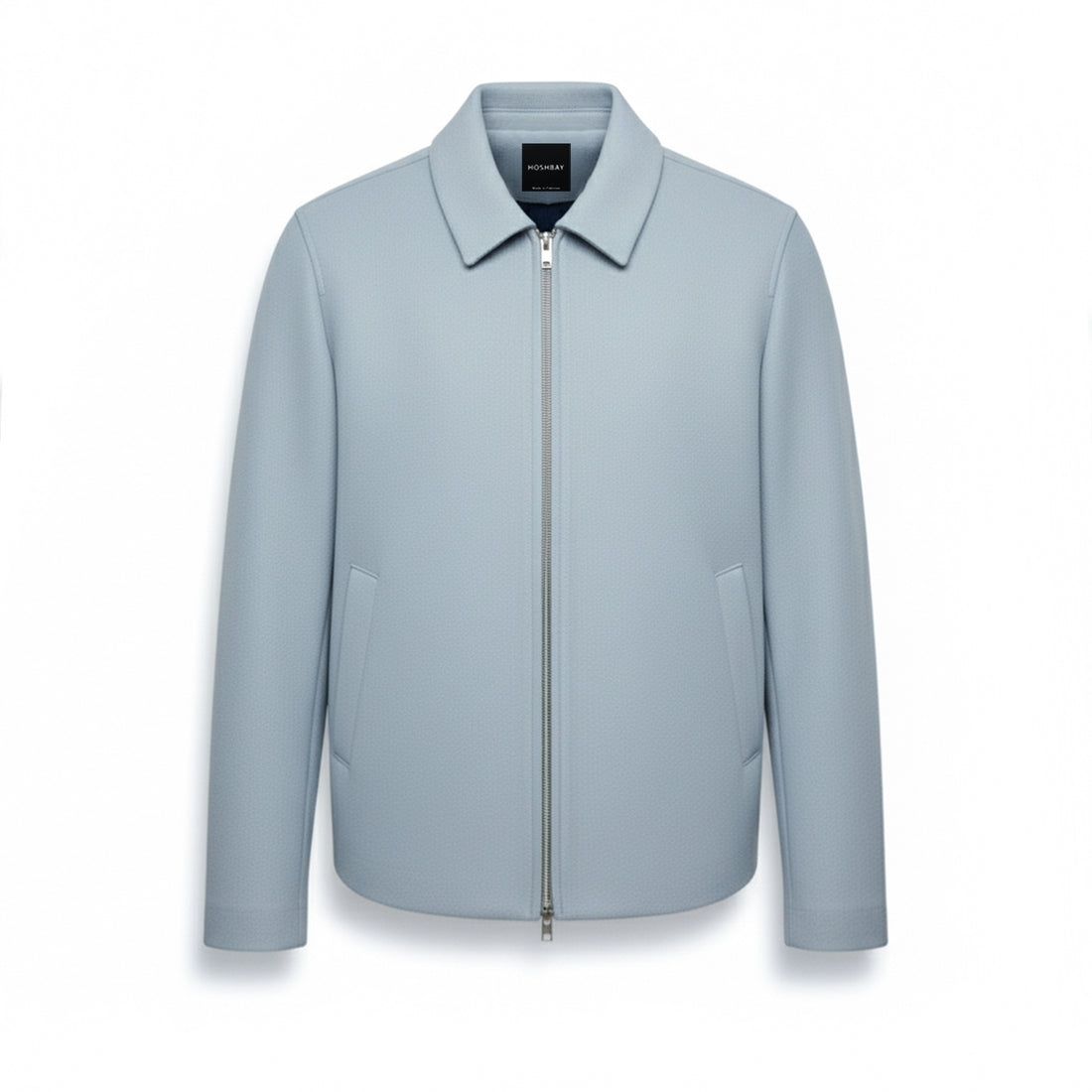 Men's grey zip-up coat with collar, front pockets, and minimalist design on white background