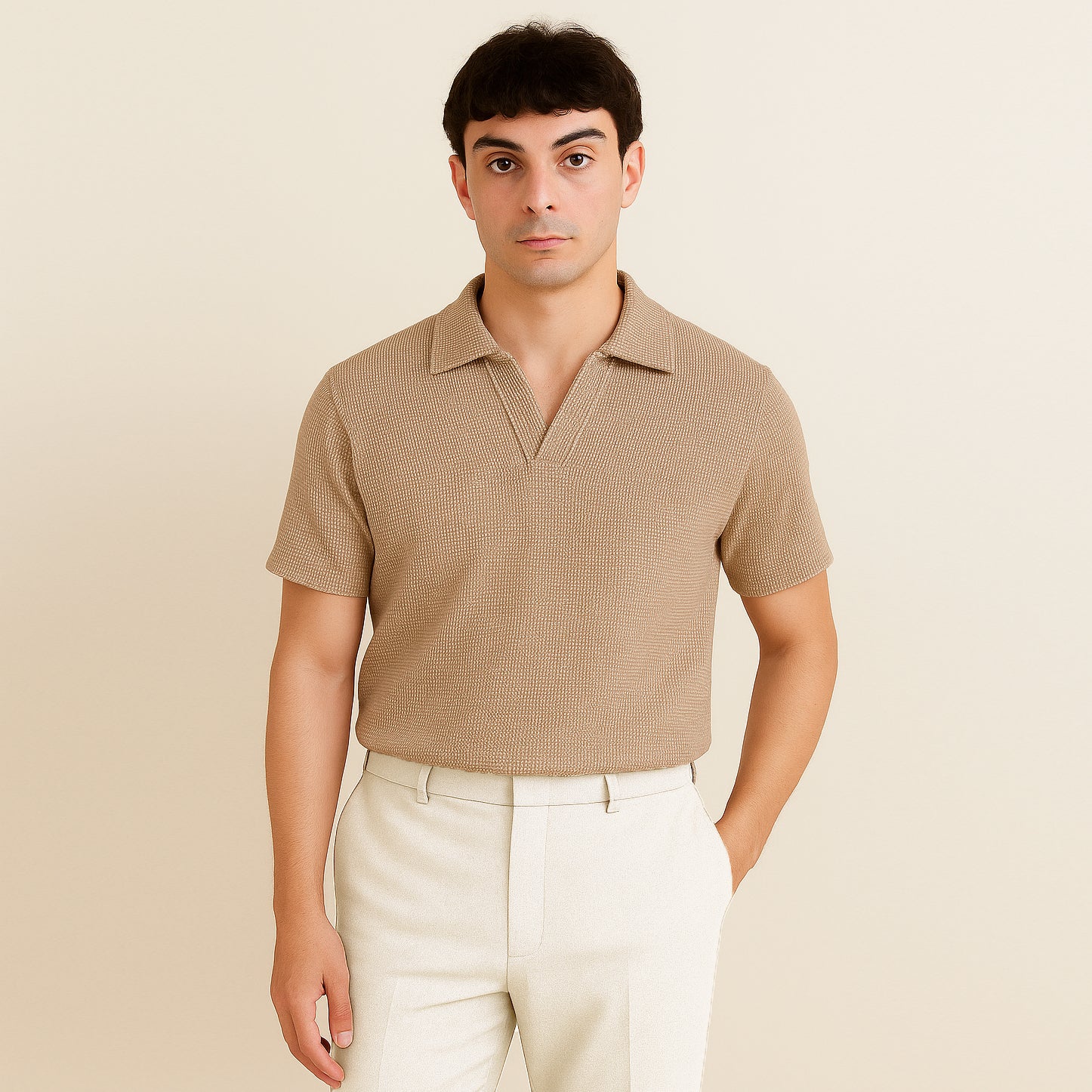 Man wearing a mocha brown short sleeve polo shirt and cream trousers, neutral background