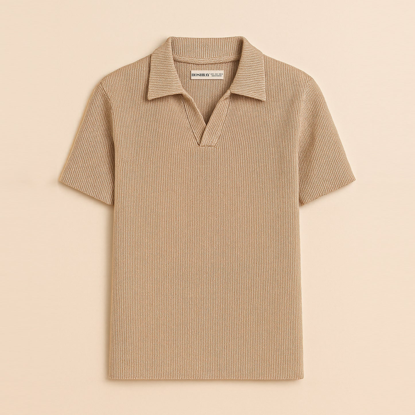 Men’s textured mocha brown short sleeve polo shirt with open collar on beige background
