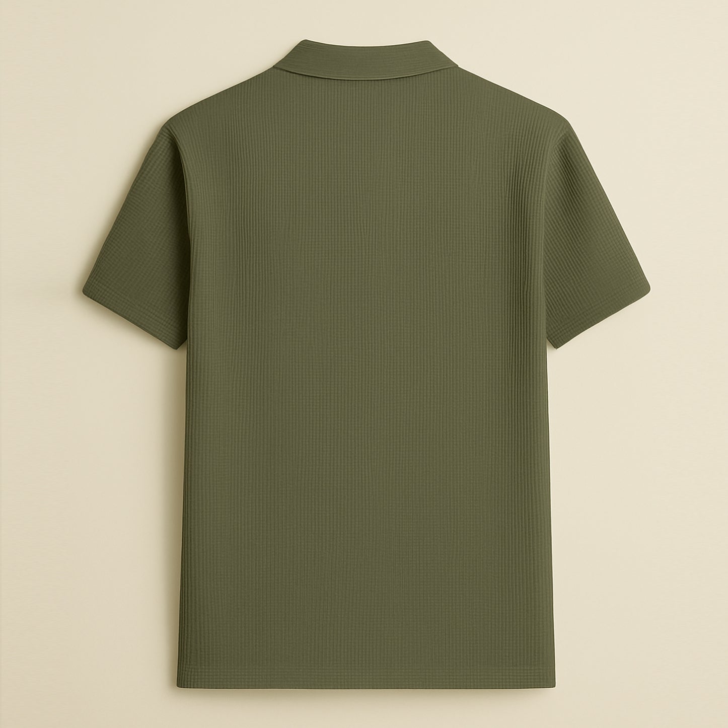 Back view of olive green short sleeve polo shirt on beige background