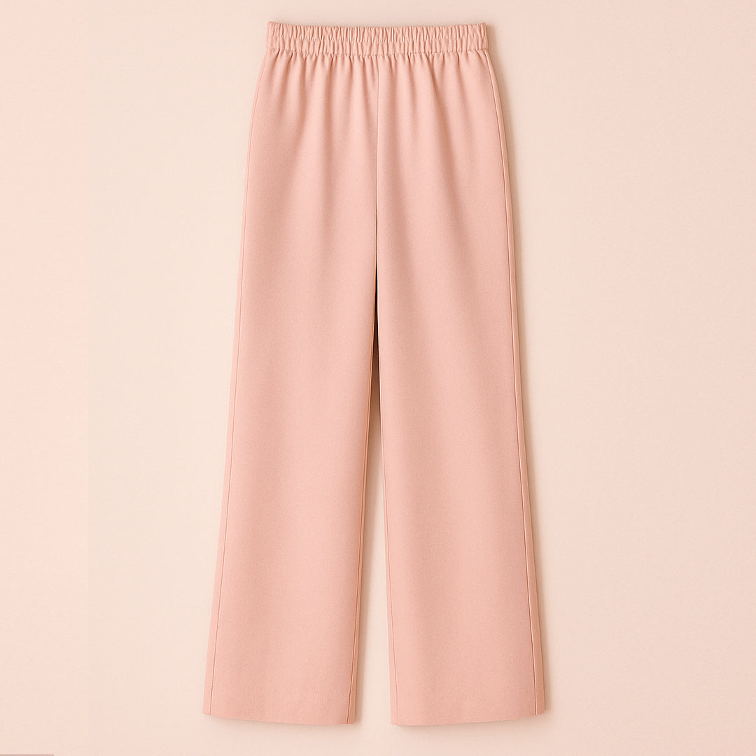 Light pink wide leg trousers with elastic waist, stylish casual women's clothing