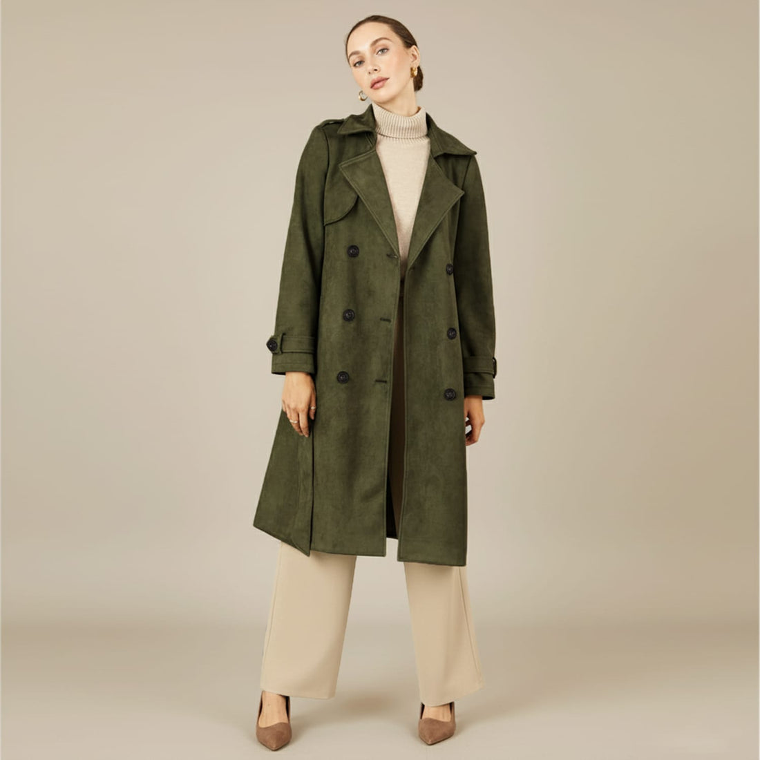 Olive green double-breasted trench coat with belt, front buttons, and notched collar