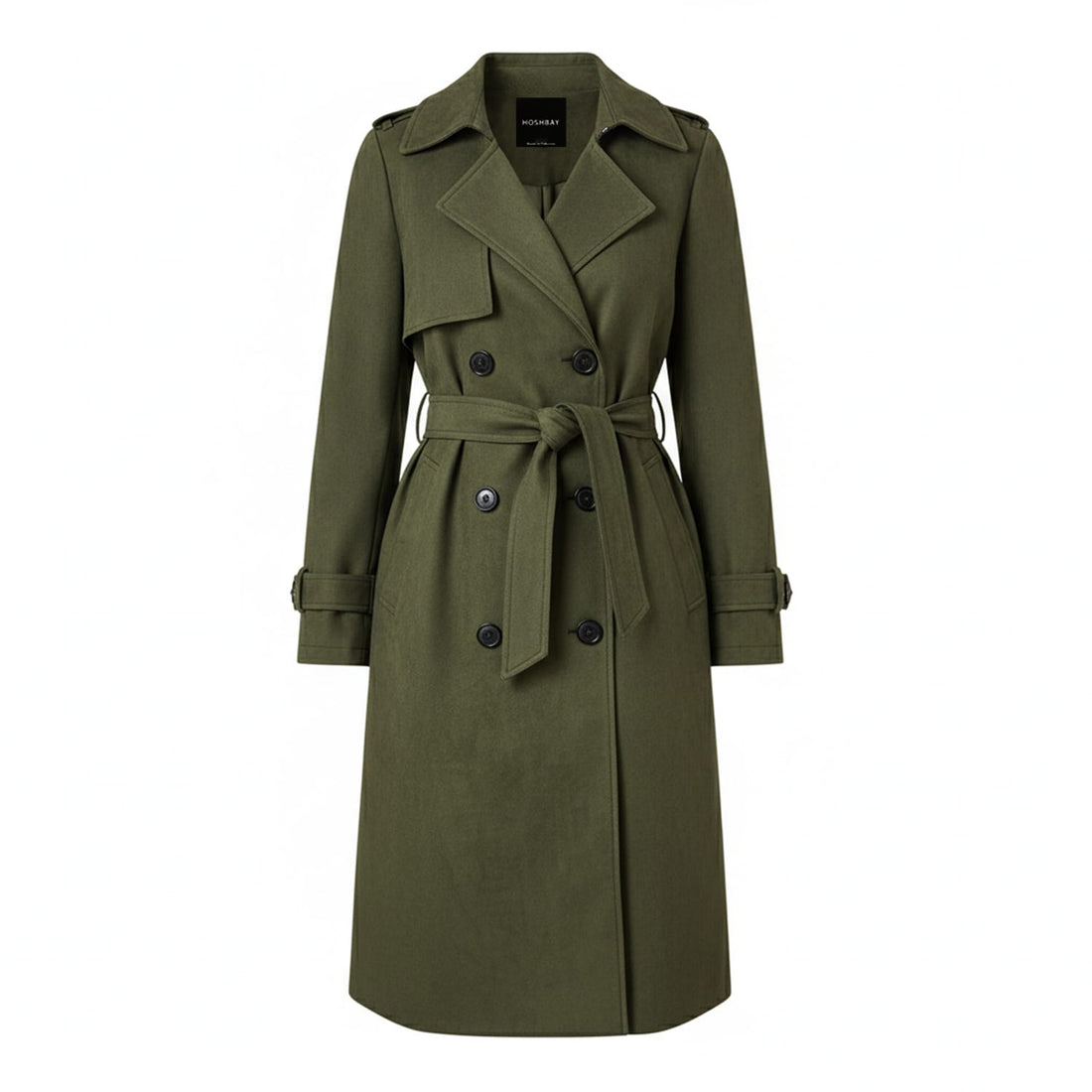 Olive green double-breasted trench coat with belt, front buttons, and notched collar