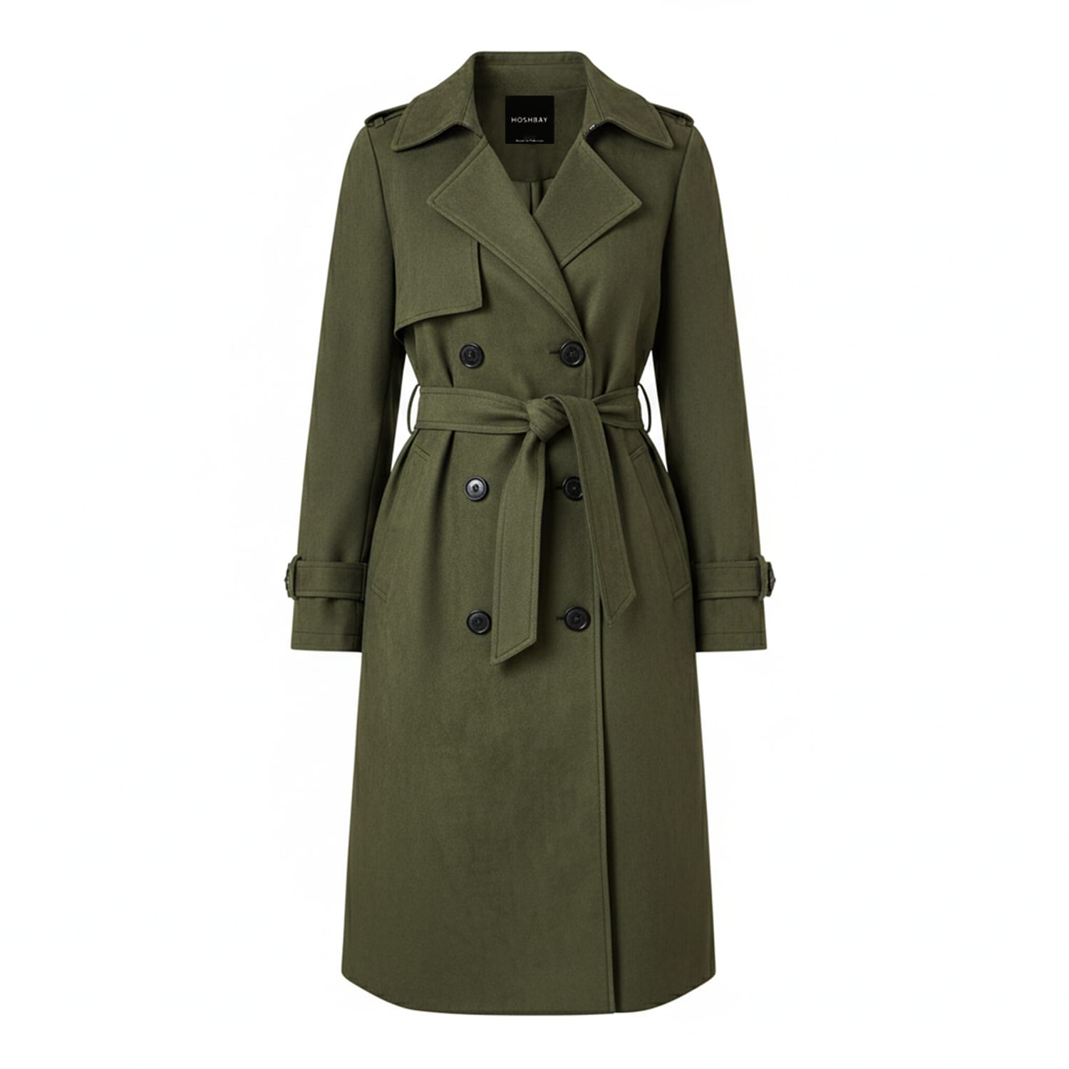 Olive green double-breasted trench coat with belt, front buttons, and notched collar