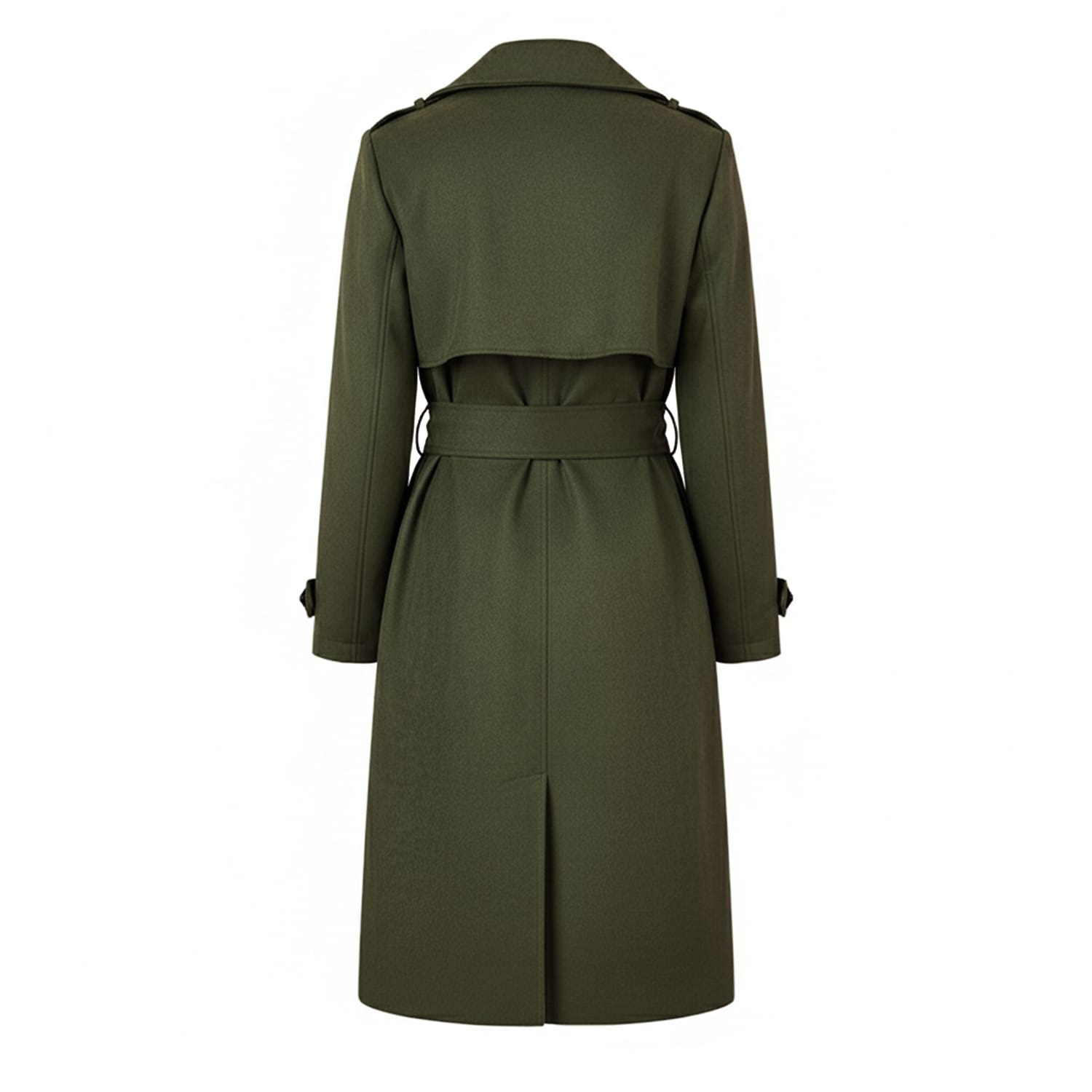 Back view of an olive green long trench coat with belt and epaulets, modern women's outerwear
