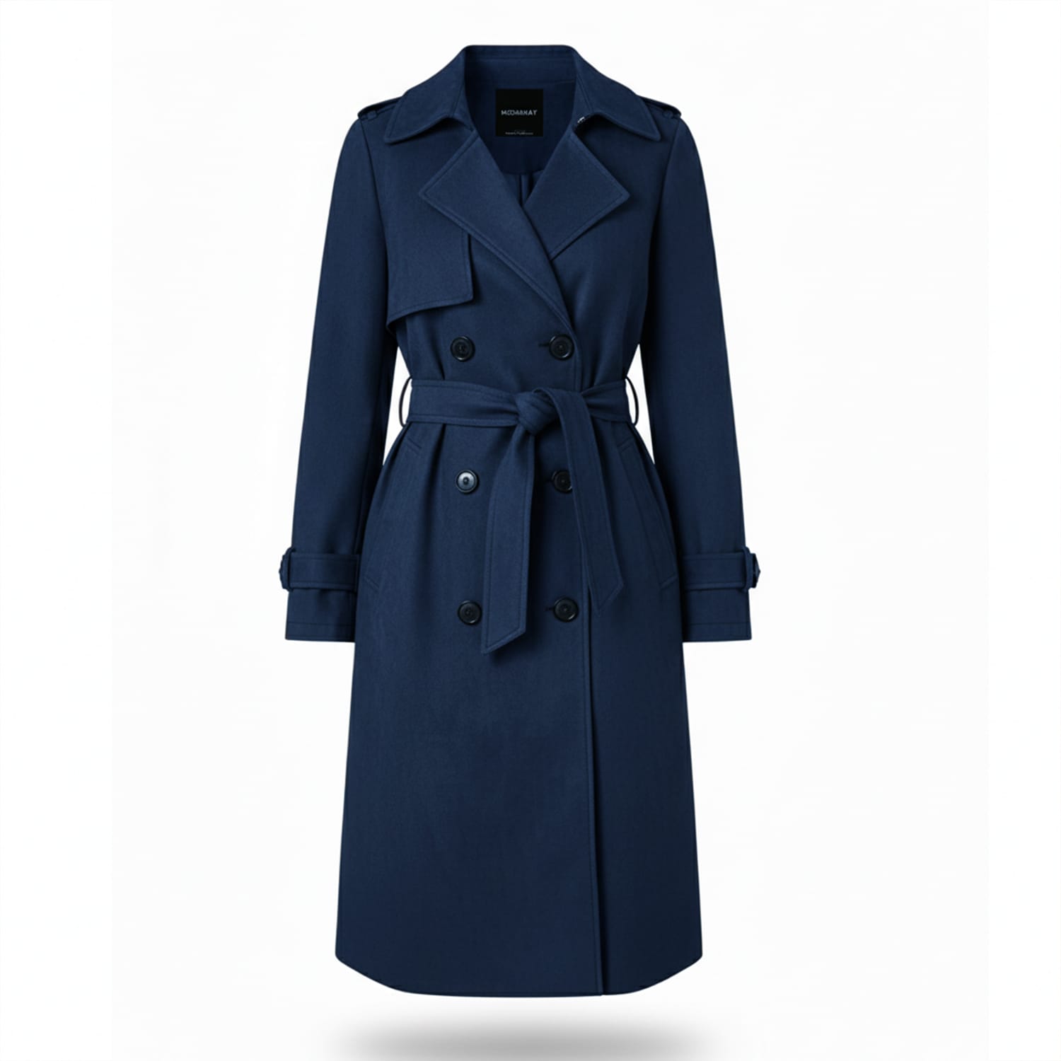 Navy blue double-breasted trench coat with belted waist and buttoned cuffs on white background.