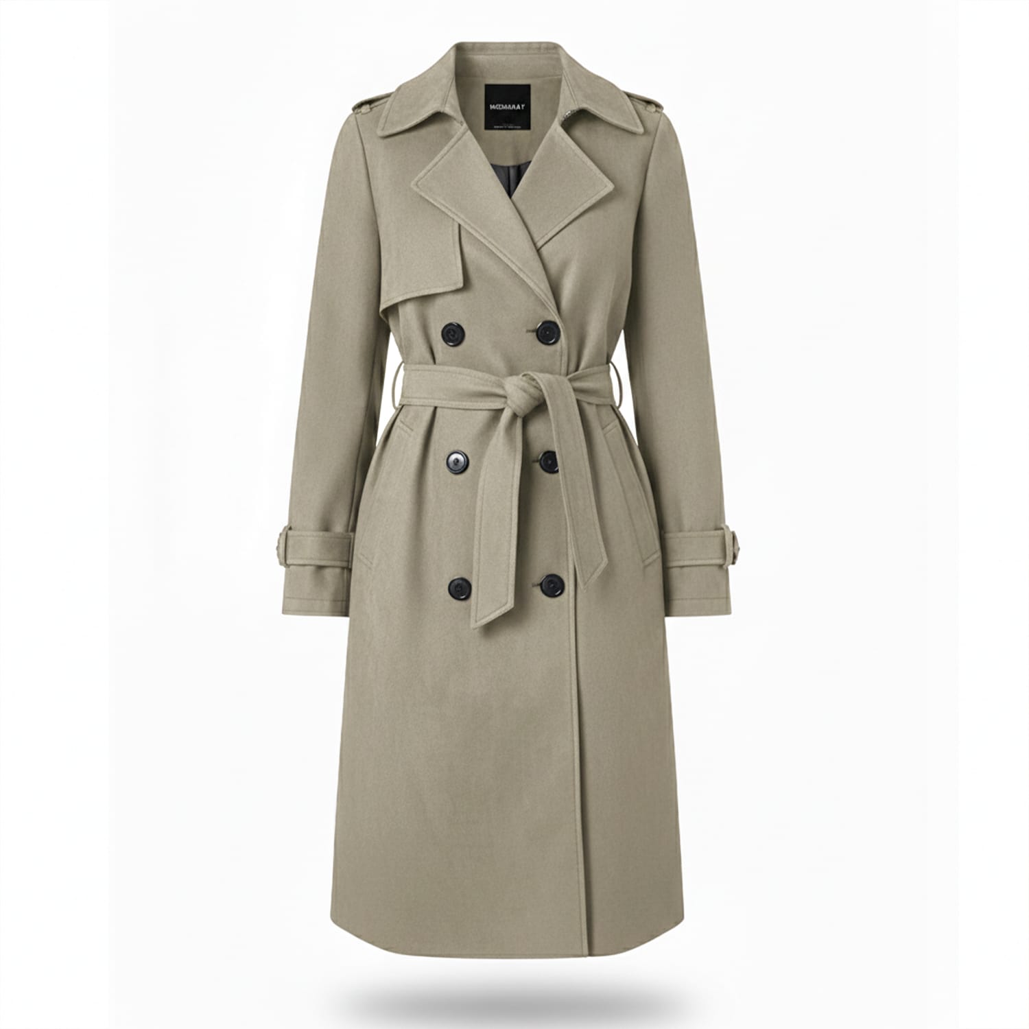 Beige double-breasted trench coat with waist belt and black buttons, women's outerwear