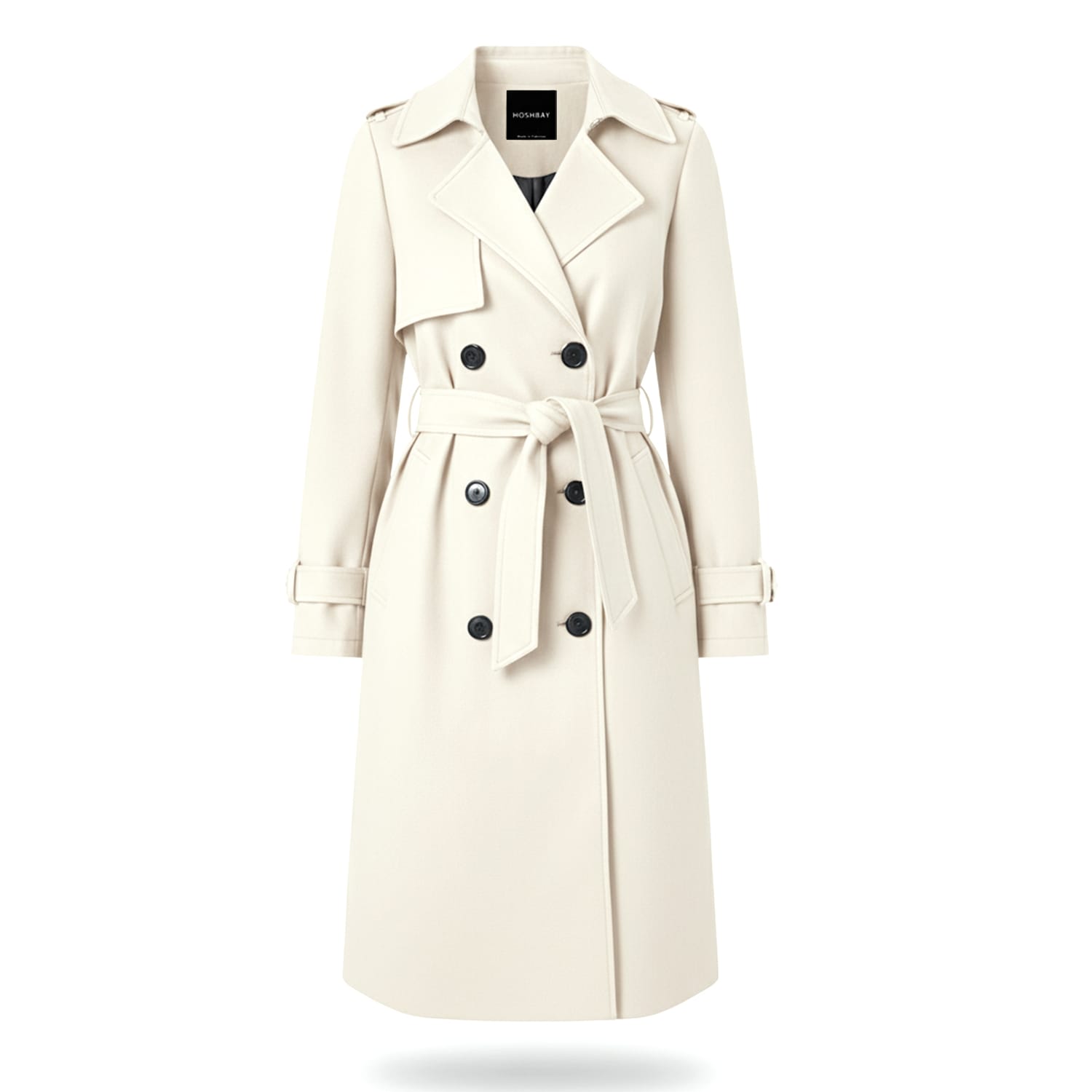 Women's long beige trench coat with belt and black buttons, modern double-breasted design