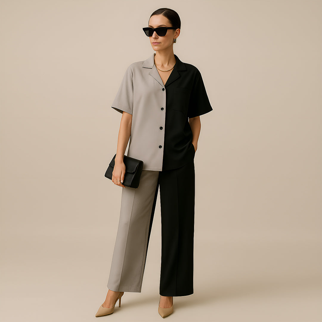 Woman wearing two-tone black and gray matching shirt and pants, accessorized with sunglasses, heels, and clutch, stylish modern fashion outfit.