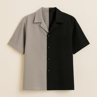 Men's two-tone short sleeve shirt with half beige and half black panels, button-up front
