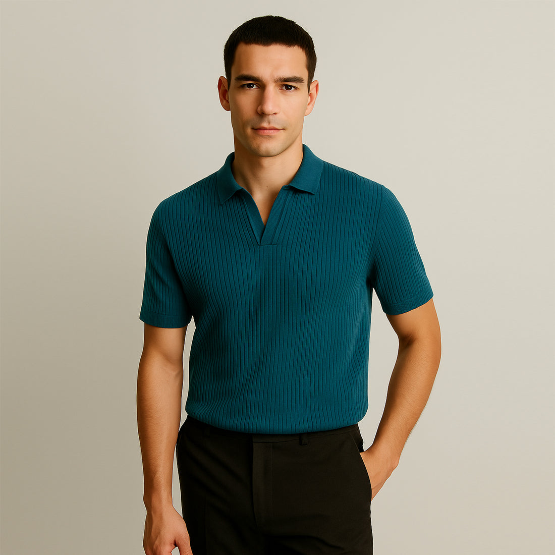 Man wearing teal ribbed short sleeve polo shirt and black pants, modern men’s fashion