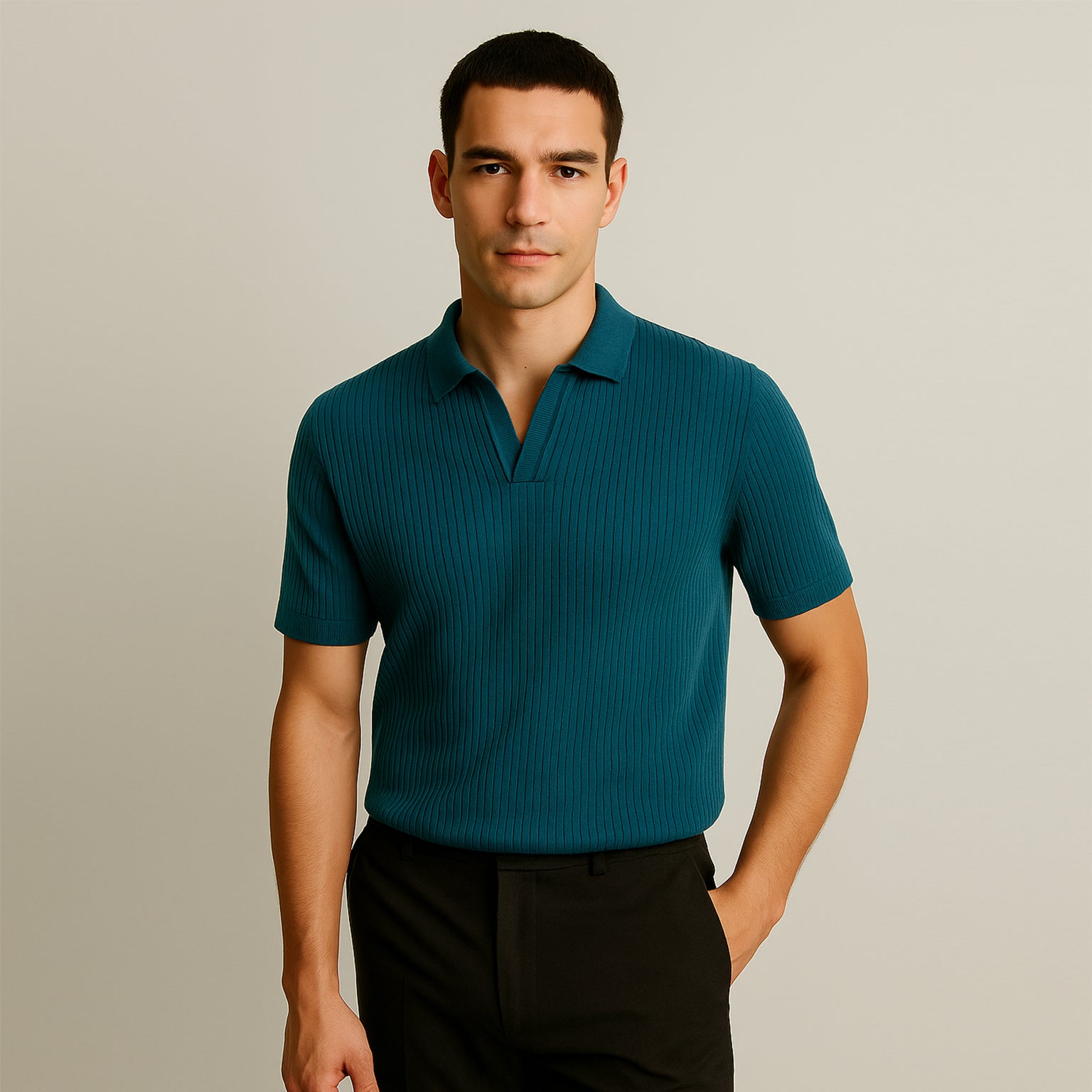Man wearing teal ribbed short sleeve polo shirt and black pants, modern men’s fashion