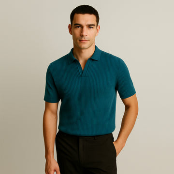 Man wearing teal ribbed short sleeve polo shirt and black pants, modern men’s fashion
