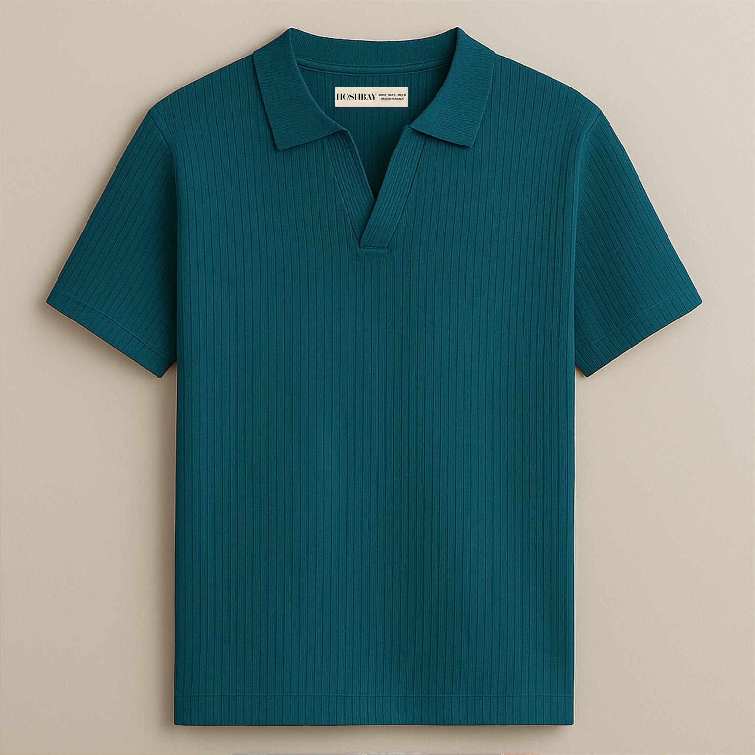 Teal ribbed short sleeve polo shirt with open collar and vertical textured pattern