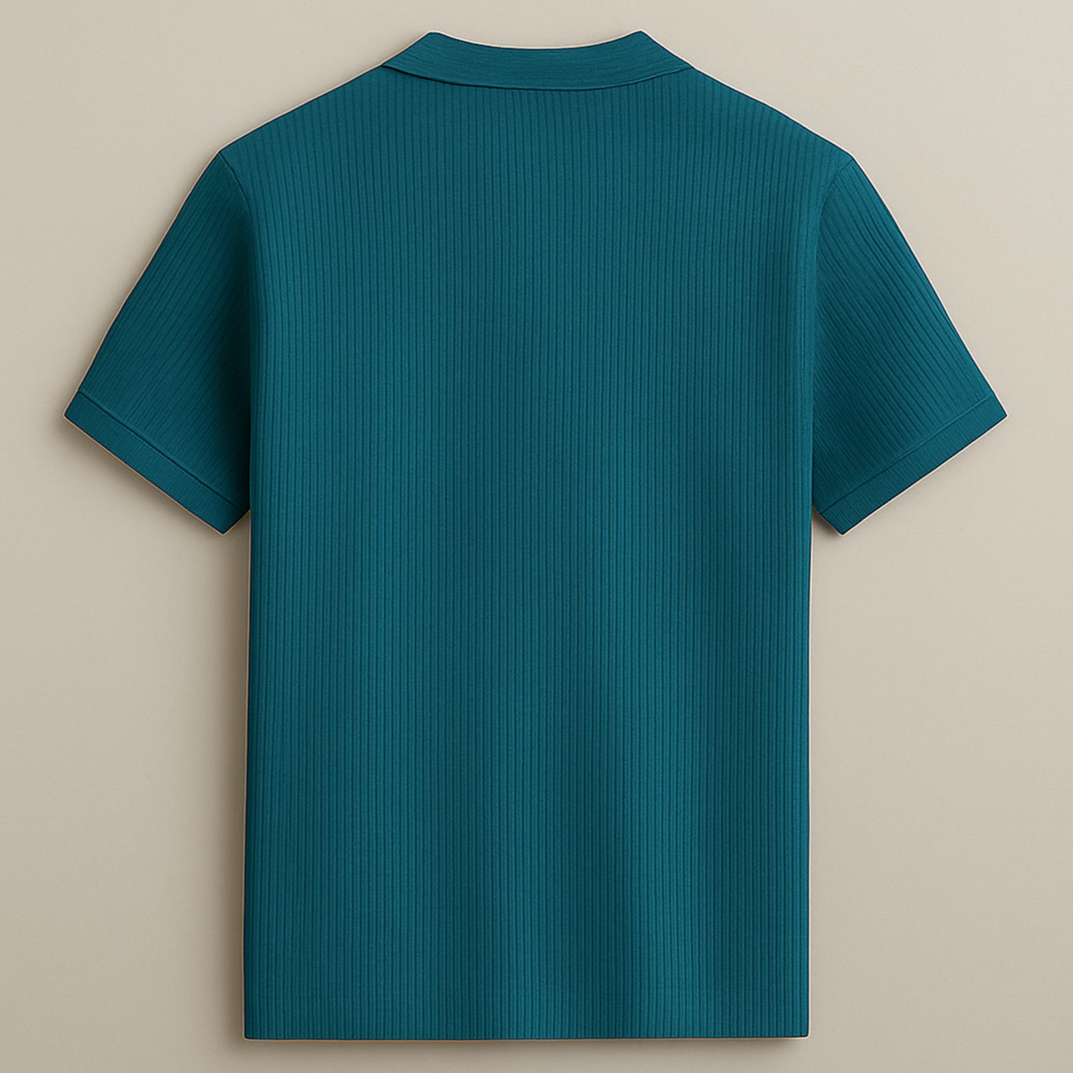 Back view of teal ribbed short sleeve polo shirt on beige background