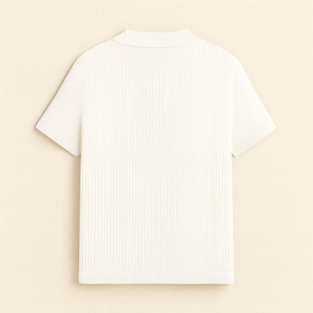 Back view of a white ribbed short sleeve polo shirt on beige background
