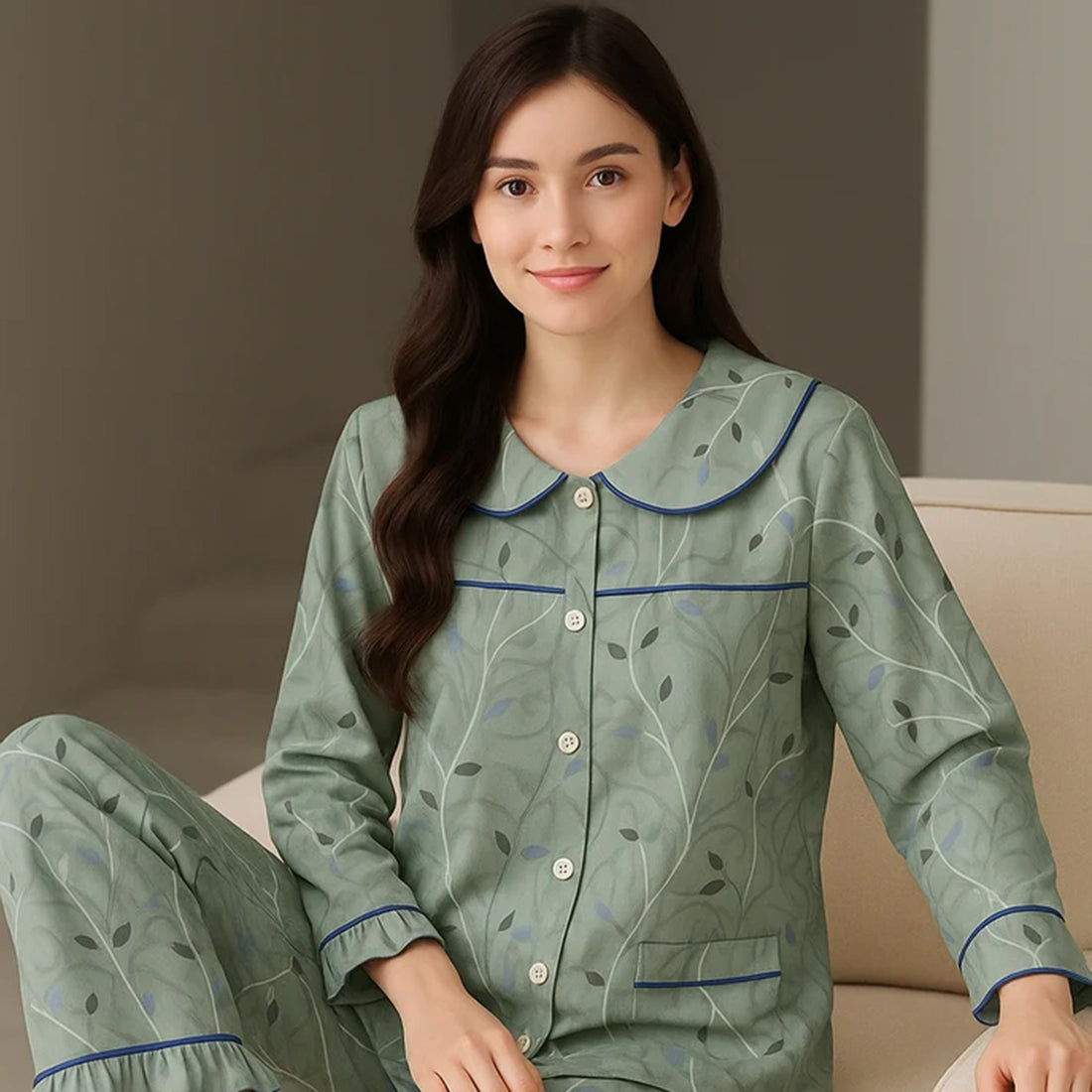 Woman wearing green leaf print pajama set with blue piping, sitting indoors