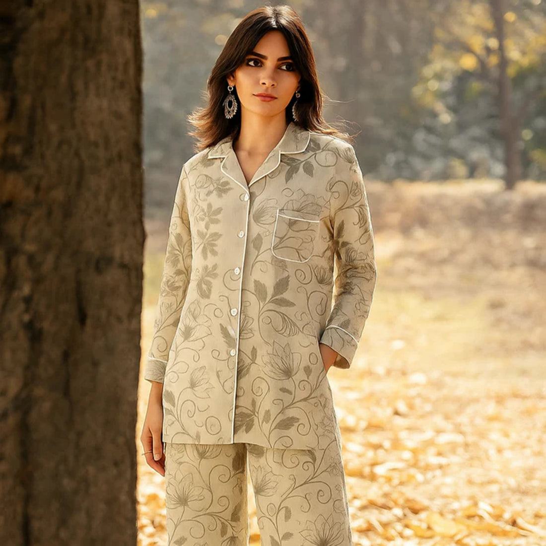 Woman wearing beige floral print button-up suit in outdoor autumn setting