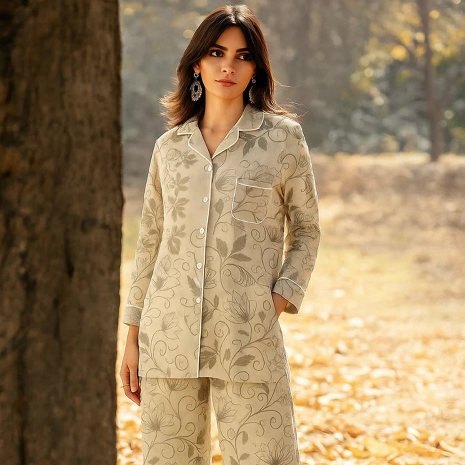 Woman wearing beige floral print button-up suit in outdoor autumn setting
