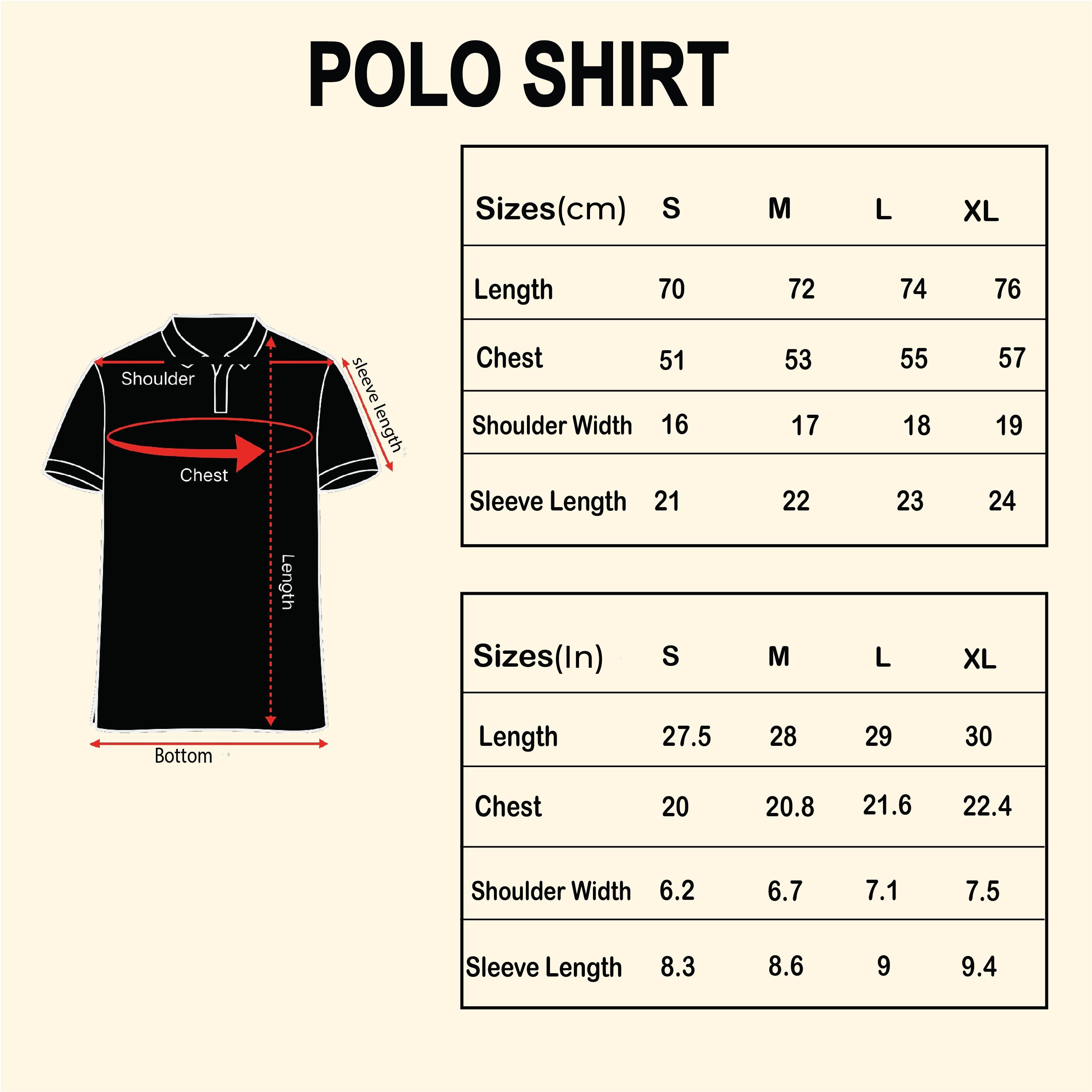 Men's polo shirt size chart with measurements in cm and inches, including labeled diagram.